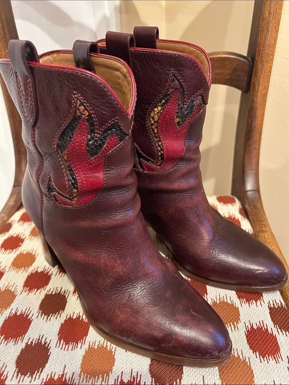 Frye Burgundy Leather Western Ankle Boots with Red Flame Accents
